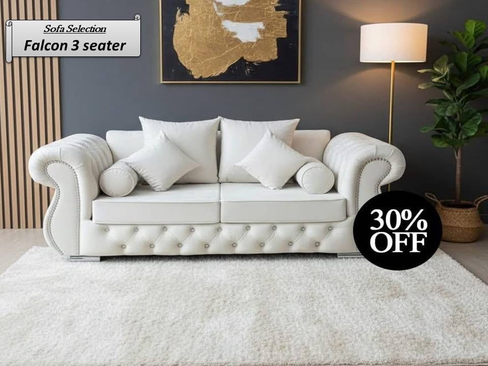 Falcon 3-Seater – White Luxury Chesterfield Sofa with Diamond Button Detailing