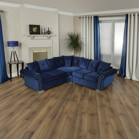 Olympia Corner Sofa – Royal Blue Velvet Luxury with Deep Button Cushioning