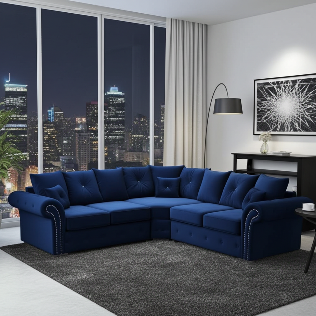 Olympia Corner Sofa – Royal Blue Velvet Luxury with Deep Button Cushioning