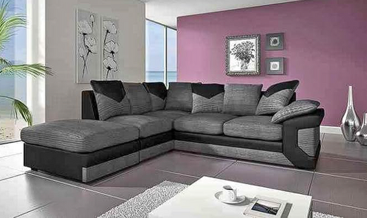 LARGE-DINO-CORNER-SOFA-GREY-BLACK-LEFT-HAND-SIDE-FOAM. Fire resistant as per British Standards, foam filled seats for comfort.
