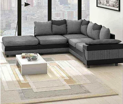 LARGE-DINO-CORNER-SOFA-GREY-BLACK-LEFT-HAND-SIDE-FOAM. Fire resistant as per British Standards, foam filled seats for comfort.