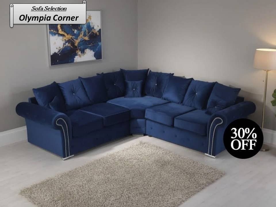 Olympia Corner Sofa – Royal Blue Velvet Luxury with Deep Button Cushioning