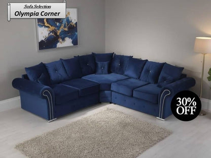 Olympia Corner Sofa – Royal Blue Velvet Luxury with Deep Button Cushioning