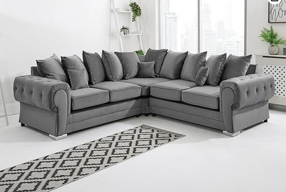 Best Selling Verona Grey Plush Velvet  C2C- Scatterback Sofa with Button Tufting & Chrome Feet- Living Room Sofa Set