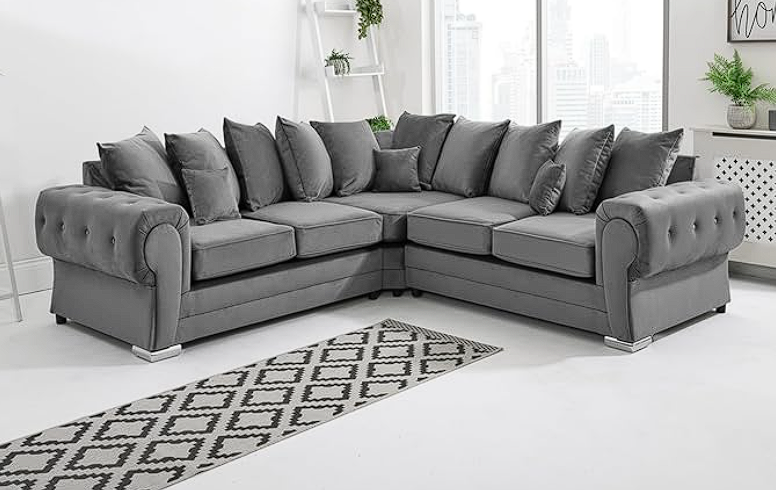 Best Selling Verona Grey Plush Velvet  C2C- Scatterback Sofa with Button Tufting & Chrome Feet- Living Room Sofa Set