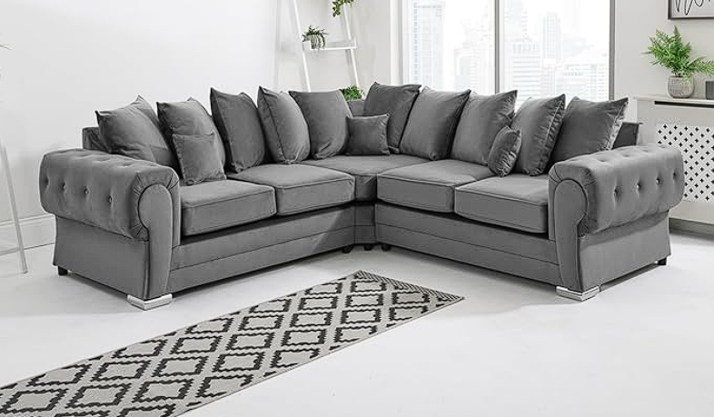 Best Selling Verona Grey Plush Velvet  C2C- Scatterback Sofa with Button Tufting & Chrome Feet- Living Room Sofa Set