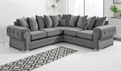 Best Selling Verona Grey Plush Velvet  C2C- Scatterback Sofa with Button Tufting & Chrome Feet- Living Room Sofa Set