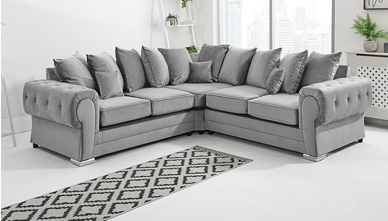 Best Selling Verona Grey Plush Velvet  C2C- Scatterback Sofa with Button Tufting & Chrome Feet- Living Room Sofa Set
