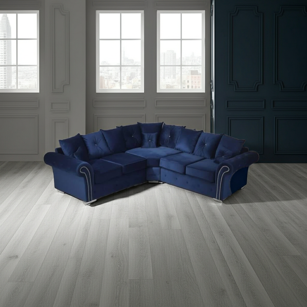 Olympia Corner Sofa – Royal Blue Velvet Luxury with Deep Button Cushioning