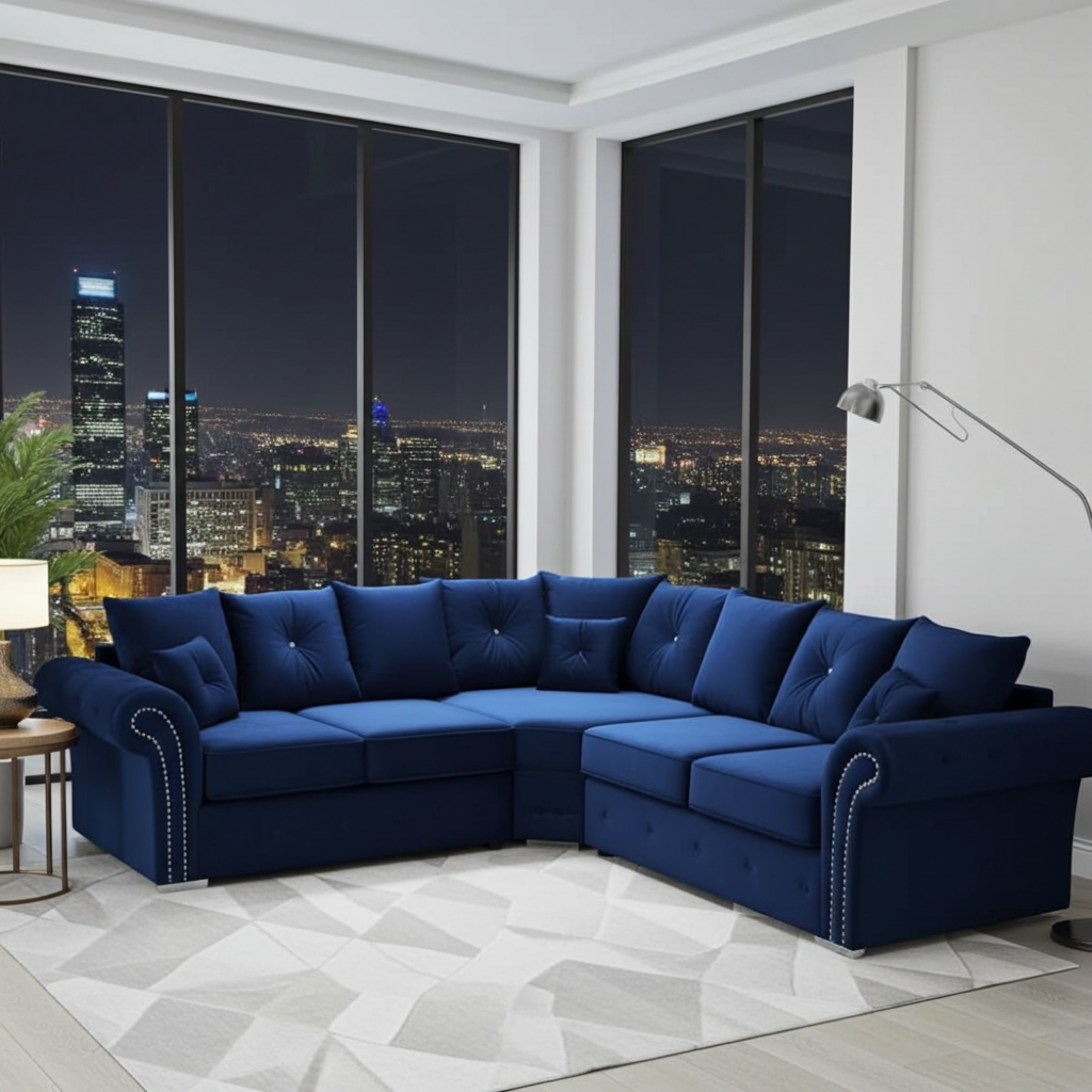 Olympia Corner Sofa – Royal Blue Velvet Luxury with Deep Button Cushioning