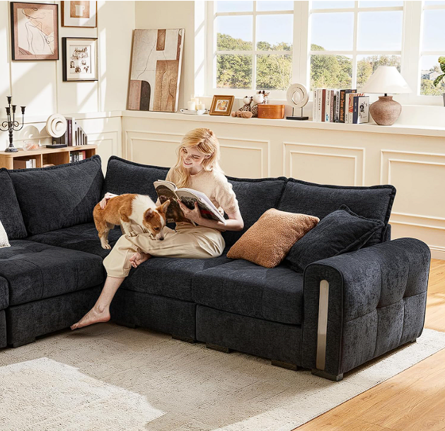 Vesgantti Corner Sofa in Black, 5 Seater Modular Couch for Living Room, Deep Seat 2C2 Corner