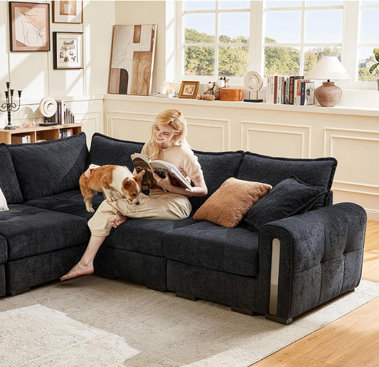 Vesgantti Corner Sofa in Black, 5 Seater Modular Couch for Living Room, Deep Seat 2C2 Corner