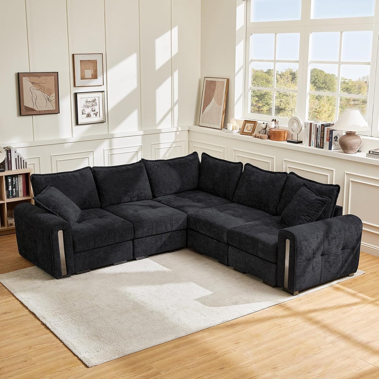 Vesgantti Corner Sofa in Black, 5 Seater Modular Couch for Living Room, Deep Seat 2C2 Corner