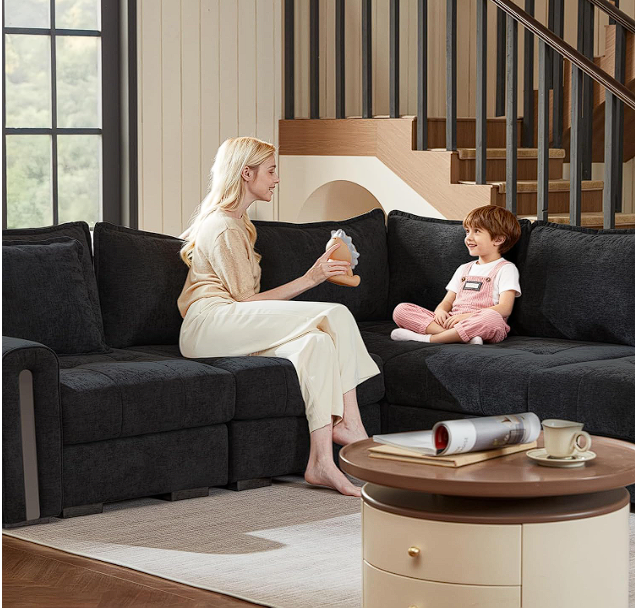 Vesgantti Corner Sofa in Black, 5 Seater Modular Couch for Living Room, Deep Seat 2C2 Corner